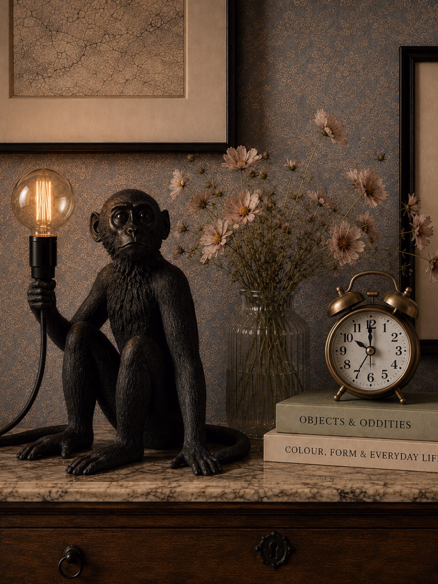 Still life with a lamp, candles, and a clock